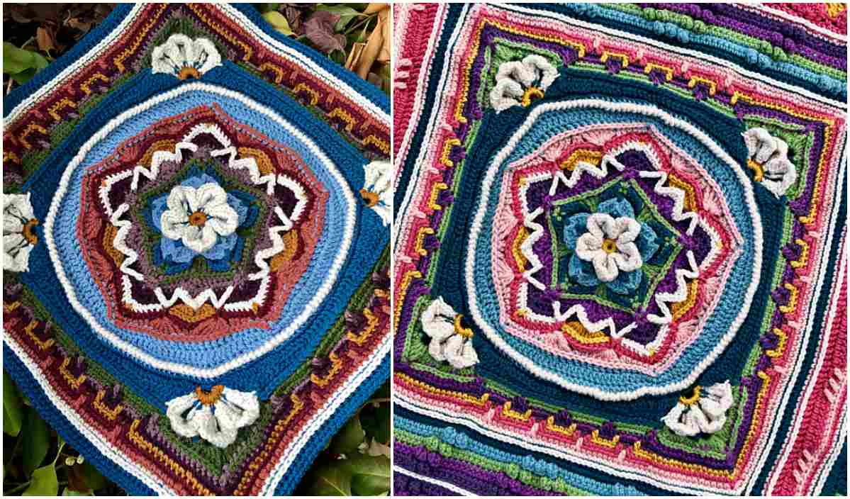 Two intricate, multicolored crocheted squares with floral patterns, featuring geometric designs and varied textures, reminiscent of a Nipigon Shawl.