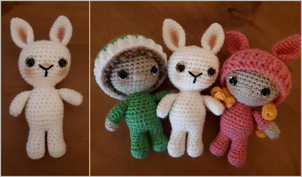 Four crocheted stuffed toys: one white bunny on the left and three figures on the right, including a green doll, a bunny, and a pink doll with pigtails. Each crafted with love from a unique crochet pattern, ready to join your collection of delightful handmade treasures.