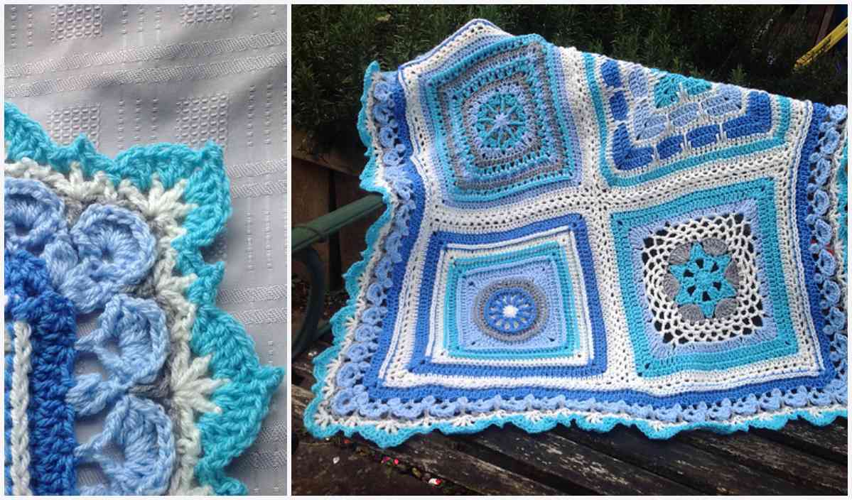 A crocheted blanket featuring the Persian Dream Crochet Pattern in geometric motifs of blue and white is draped over a bench. A close-up reveals the intricate detailing of its edge.