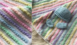 Displayed in two images, the crochet blanket features pastel stripes with a matching blue hat and mittens on top. Included is a free crochet pattern to create this delightful ensemble, evoking the whimsy of bubble gum hues.