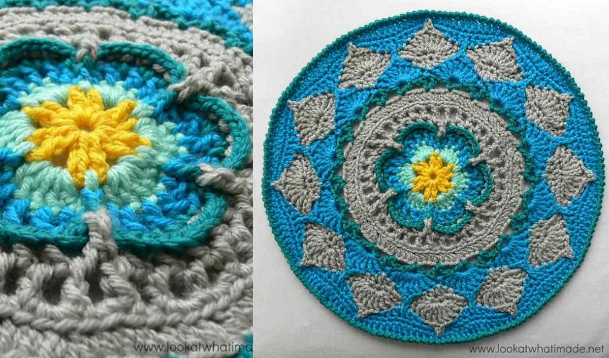 Close-up and full view of a round, multicolored Sophie's Mandala in blue, grey, yellow, and green patterns.