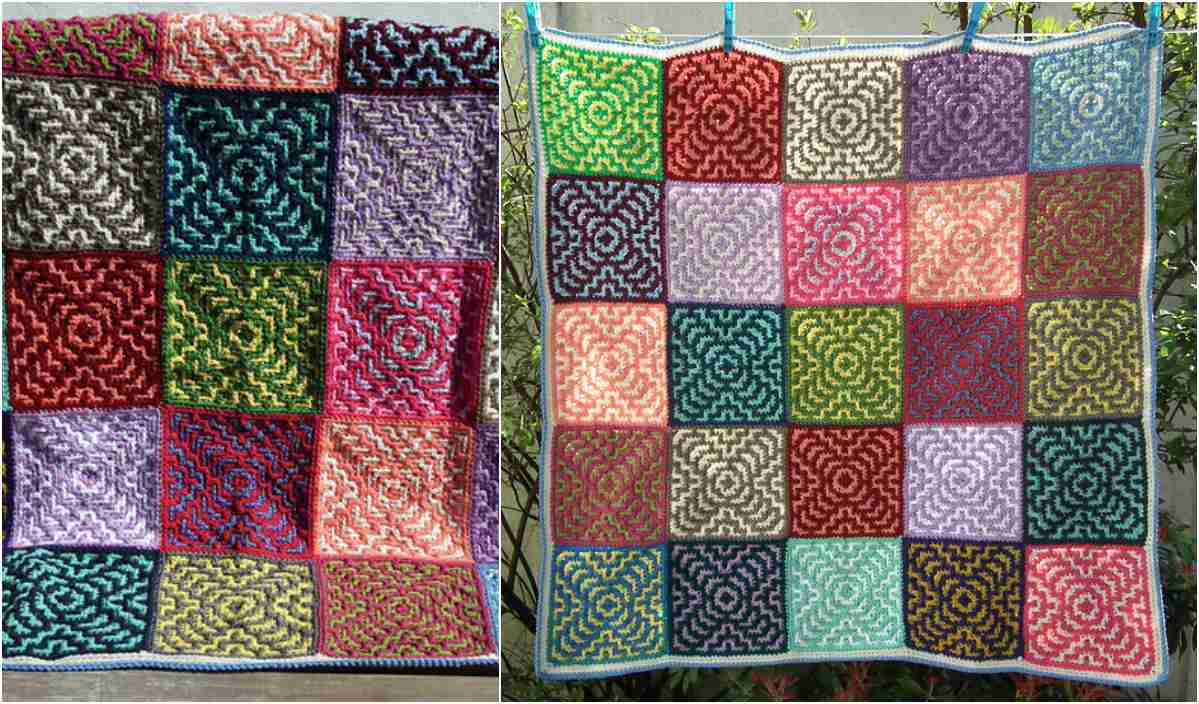 Two colorful quilts with intricate geometric patterns resembling a mosaic cross, each composed of 16 squares in various colors, displayed outdoors against a light background.