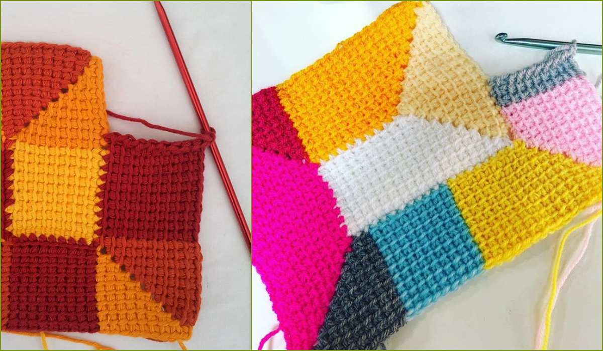 Explore two captivating crochet projects showcasing intricate geometric patterns. One dazzles in red, orange, and yellow hues, while the other features a vibrant mix of white, yellow, pink, gray, and blue. Each masterpiece is crafted with a trusty crochet hook—a perfect blend for your next free crochet adventure!