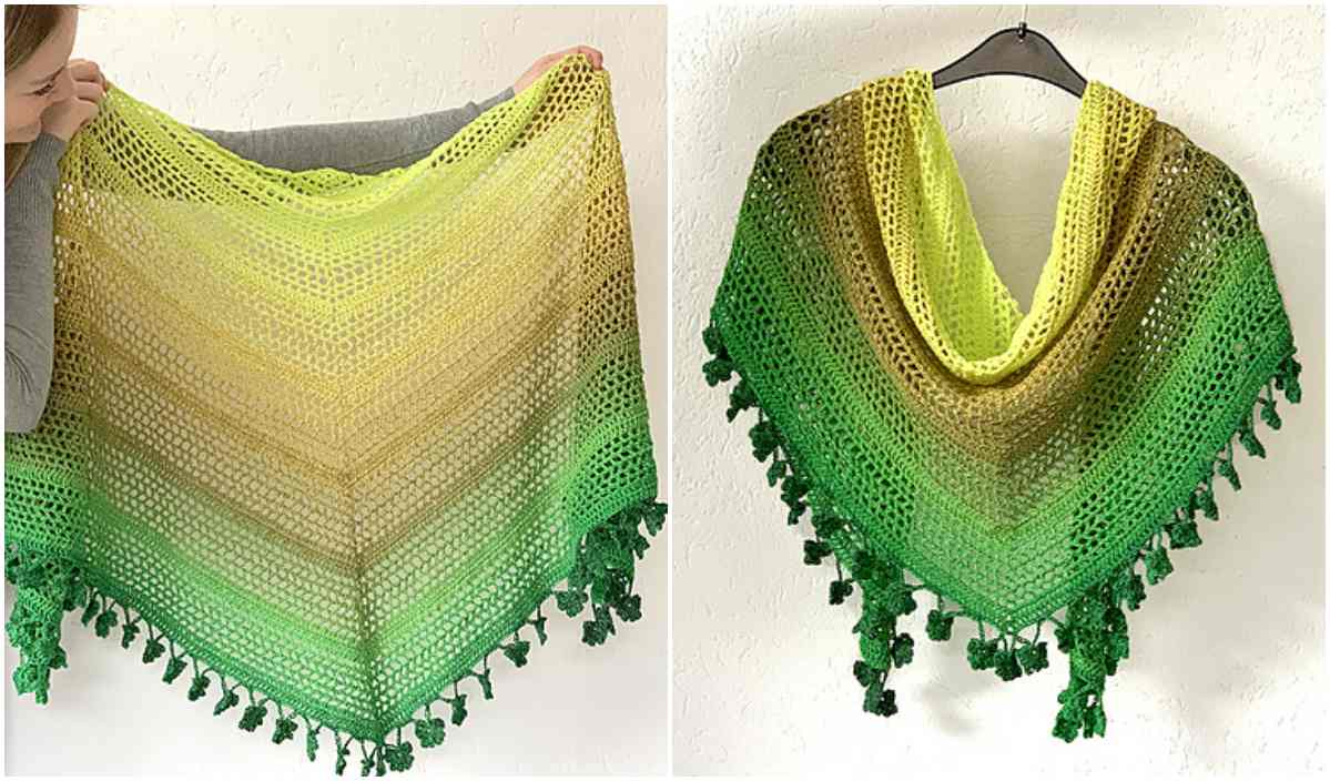 A two-panel image features a knitted green gradient shawl with tassels. The left panel showcases it spread out, resembling a wheel flower crochet pattern, while the right panel displays it elegantly hanging on a hanger.