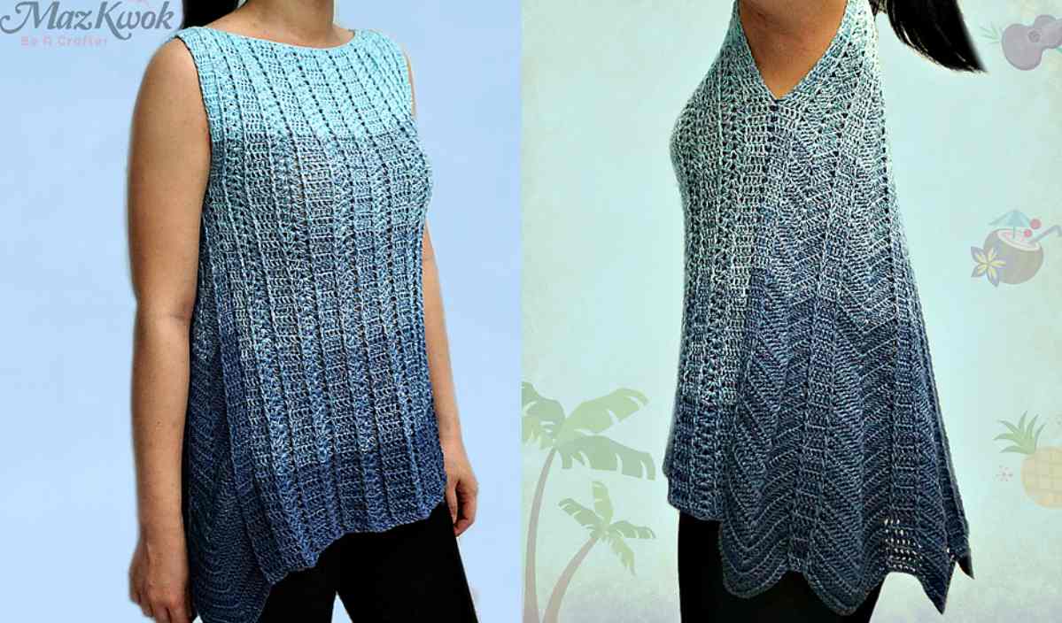 Sleeveless gradient blue crochet tunic featuring an asymmetrical hem, showcased in front and side views on a person. The background subtly highlights tropical elements, adding to the breezy vibe.