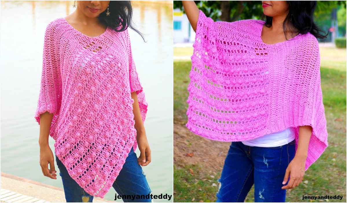 Two images showcase a person in bubble gum pink crochet ponchos; the left flaunts a diamond shape, the right opts for a rectangular design. Both styles, perfect as an easy poncho to craft, are paired effortlessly with jeans.