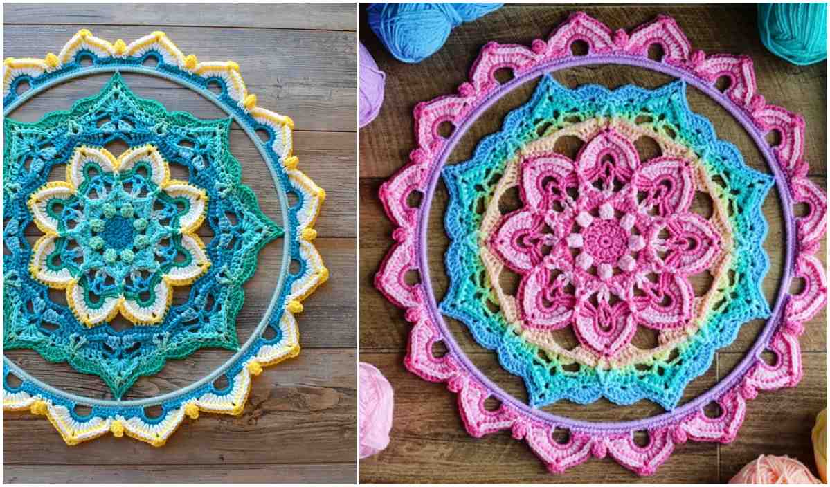 Two colorful mandalas made of crochet yarn in circular patterns, one in blue and yellow hues, and the other in pink, green, and blue tones, beautifully displayed as a wall hanging on a wooden surface.