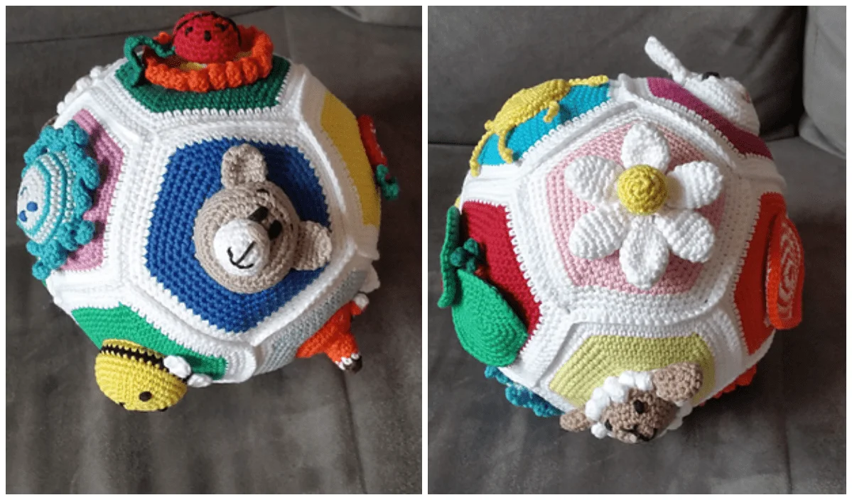 Explore creativity with this crocheted sensory ball, showcasing various animal faces and flower patterns in vibrant colors on each panel. Perfect for fans of free crochet patterns, it carries the charm of a Sweet Pea Blanket in every stitch.