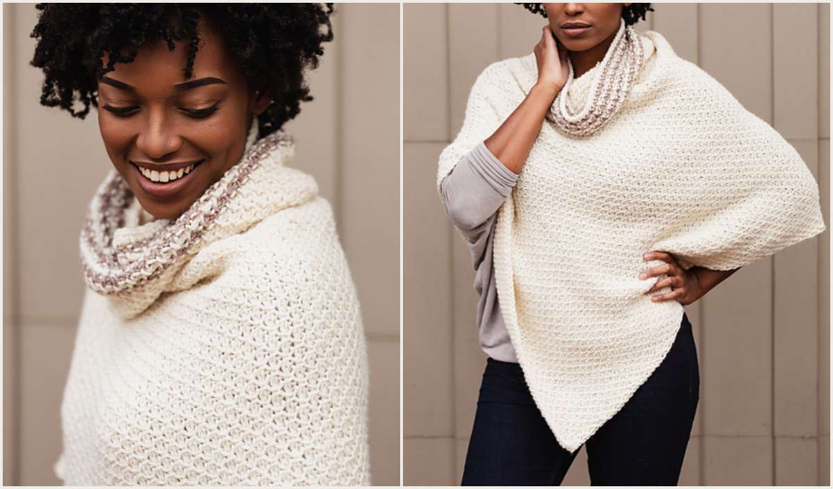 Woman wearing a textured cream poncho with a cowl neck, smiling in one image and posing with hand on hip in another. With a free crochet pattern, you can recreate this stylish look yourself.