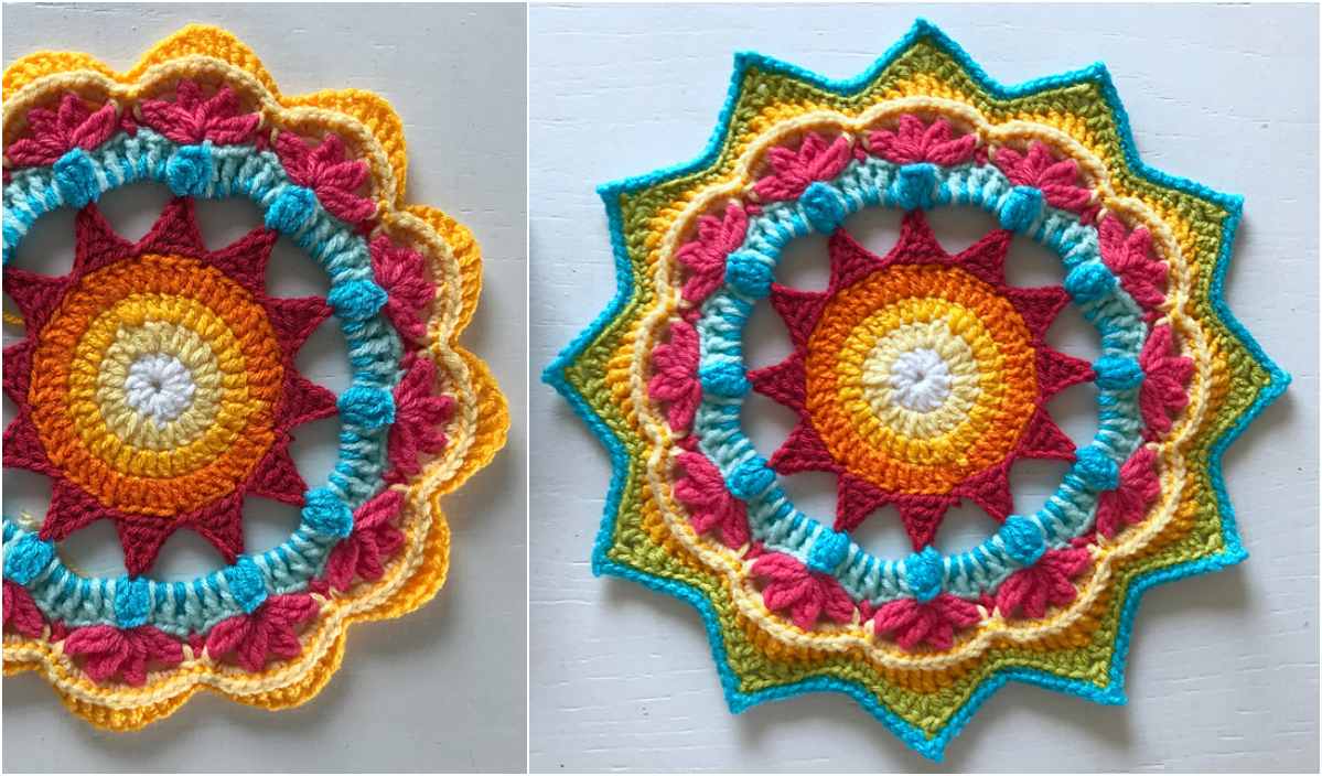 Discover two vibrant crocheted mandalas with circular patterns, showcasing intricate designs in yellow, orange, red, pink, and blue yarn. Perfect for craft enthusiasts seeking creative inspiration or free patterns to bring their artistic visions to life.