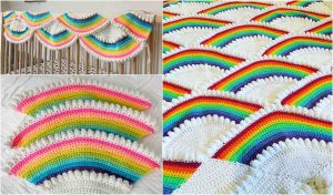 Three images of a vibrant Rainbow Afghan with white scalloped edges are showcased on a crib and surface. Perfect for adding a splash of color, this piece is made available through a free crochet pattern.