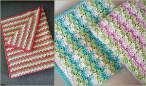 Two crochet blankets, crafted from exquisite crochet patterns, are artfully displayed on a surface. One features a striking red and white design, while the other showcases vibrant blue, green, white, and pink stripes. Perfect for adding warmth to any space with their unique charm.