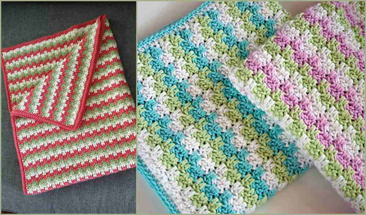 Two crochet blankets, crafted from exquisite crochet patterns, are artfully displayed on a surface. One features a striking red and white design, while the other showcases vibrant blue, green, white, and pink stripes. Perfect for adding warmth to any space with their unique charm.