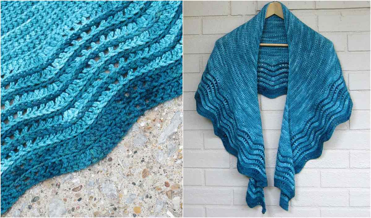 A teal knitted shawl with wavy stripe patterns is displayed on a hanger against a brick wall, reminiscent of the intricate Nipigon Shawl design. A close-up reveals the detailed knit texture.