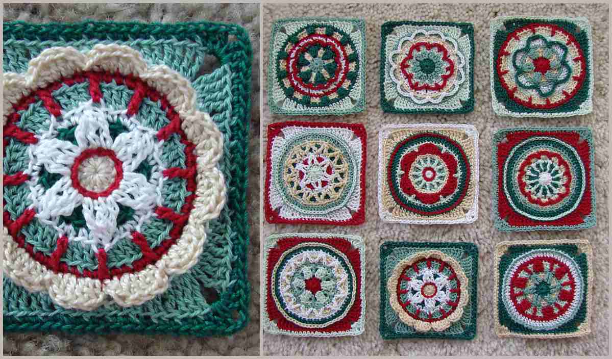 Nine colorful crochet squares with intricate patterns in green, red, white, and cream, arranged in a grid. This overlay crochet design captures the essence of "Nine Circles of the Sun" and comes with a free pattern to bring the vibrant artwork to life.