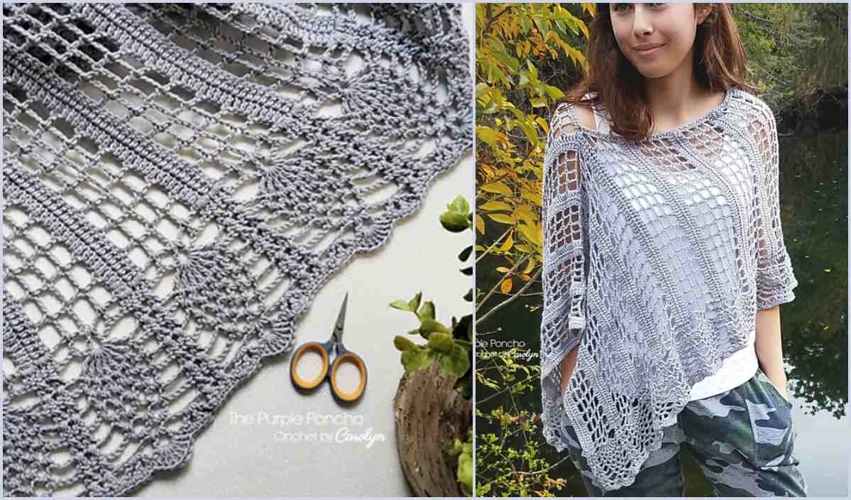 A crochet poncho with a detailed lace pattern is displayed alongside a woman wearing it outdoors, embodying the elegance of a free crochet pattern. A pair of scissors is placed near the poncho.