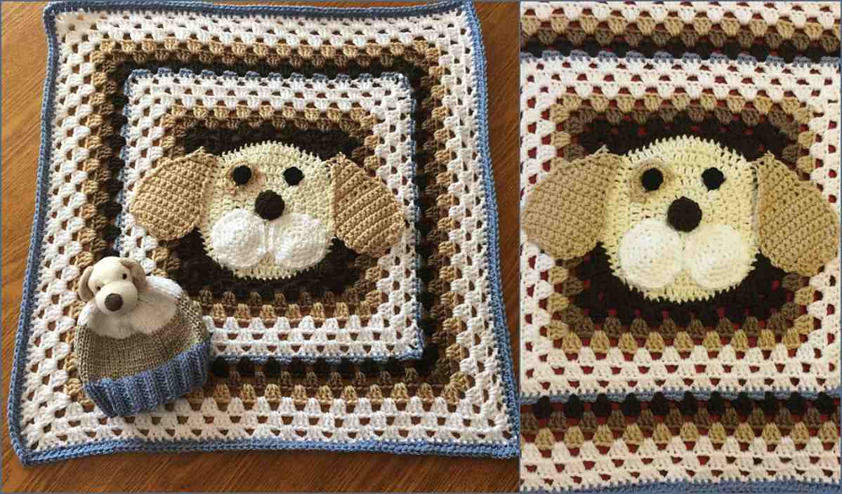 This charming crocheted blanket, featuring a dog's face with floppy ears in the center, is crafted from a delightful crochet pattern. Accompanied by a small crocheted dog toy on the side, this cozy creation is perfect for dog lovers and crafters alike.