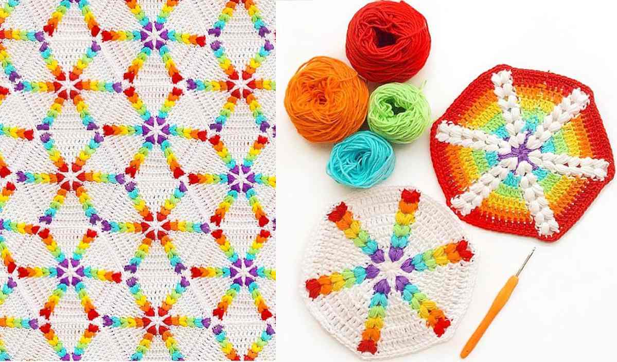 On the left, a crochet hexagon pattern blanket pairs perfectly with colorful yarn balls and two finished hexagon pieces on the right. Discover the beauty of this free crochet pattern that inspires endless creativity and cozy comfort.