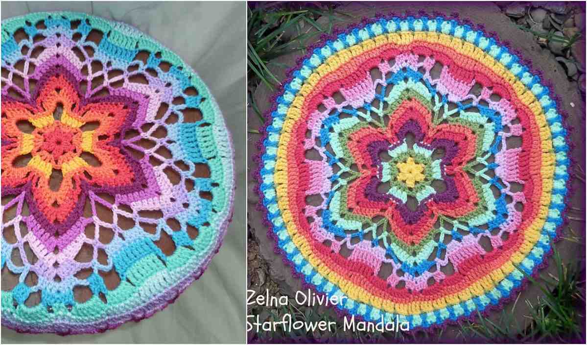 Two colorful crochet mandalas featuring star patterns and intricate designs, crafted from a free crochet pattern in various shades of blue, orange, yellow, and purple.