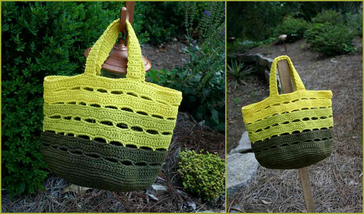 A handmade crocheted tote bag with green and yellow stripes, reminiscent of a Waldo's Puzzle Afghan, displayed outdoors.