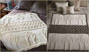 Two beds display knitted blankets with tree patterns, reminiscent of the Tree of Life. The left blanket is cream-colored, while the right showcases cream and brown sections. Decorative pillows adorn both beds, adding a touch of elegance you can replicate with a free crochet pattern.