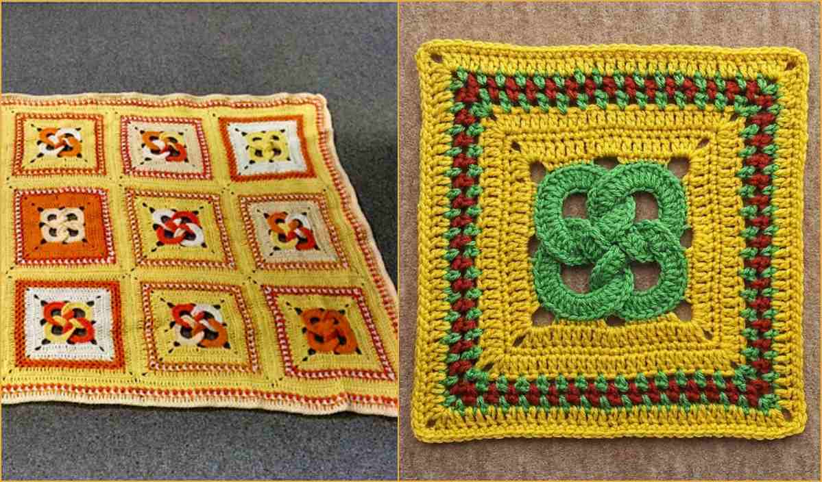 Two crocheted squares come to life: on the left, nine smaller multicolored blocks, akin to Waldo's Puzzle Afghan. The right showcases a central green motif in a large yellow square with a decorative border—a delightful treat for any crochet pattern enthusiast.