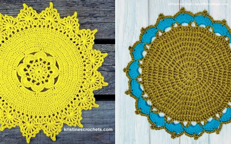 Two crocheted doilies: one yellow with intricate edging on the left, and one brown with blue accents on the right, displayed on a wooden surface. These exquisite pieces showcase charming crochet placemats patterns that add elegance to any setting.