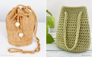 Two knitted bags: one tan-colored crochet bucket bag with a drawstring and two large beads, and one green tote bag with a plant in the background, set on a light surface.