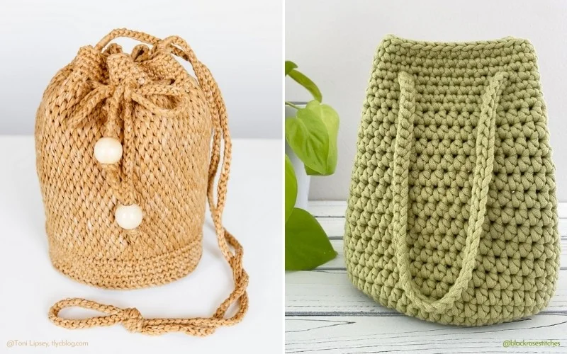 Two knitted bags: one tan-colored crochet bucket bag with a drawstring and two large beads, and one green tote bag with a plant in the background, set on a light surface.