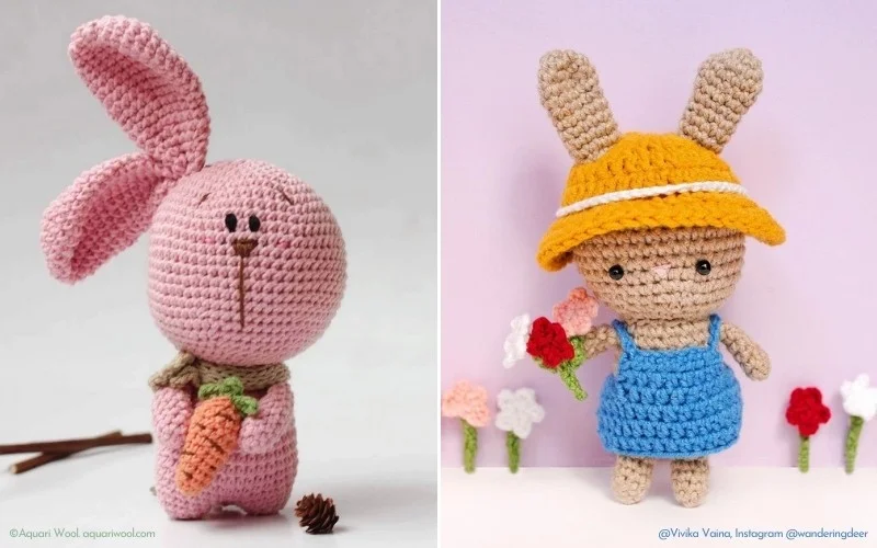 Two amigurumi bunnies: one pink with a carrot, the other in a blue dress and yellow hat, holding flowers.