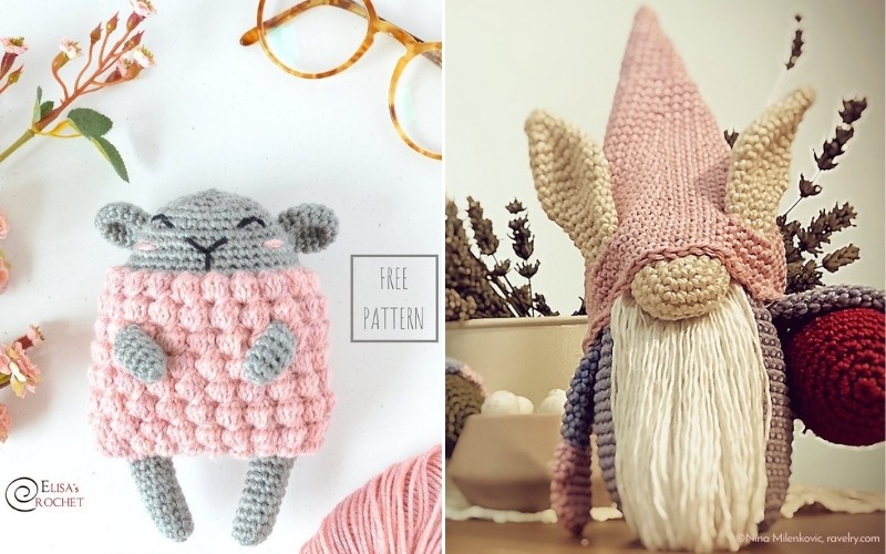 Left: Amigurumi crochet gray mouse with a pink outfit and glasses nearby. Right: Crochet gnome with a long beard, a pink hat, and an Easter vibe.