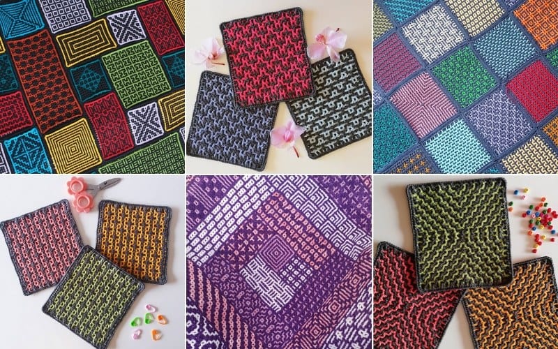 Various colorful, intricate crochet square patterns are displayed, showcasing vibrant ideas for your next blanket project, with some accompanied by small accessories like scissors and flower petals.