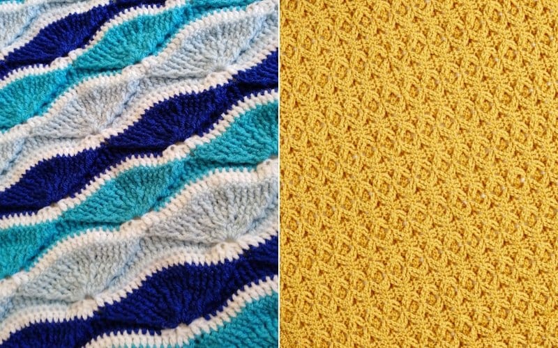 The split image showcases a wavy throws design with a blue, white, and navy knit pattern on the left, while the right features a textured yellow knit. The harmonious blend of colors and textures presents free patterns that inspire creativity in knitting.