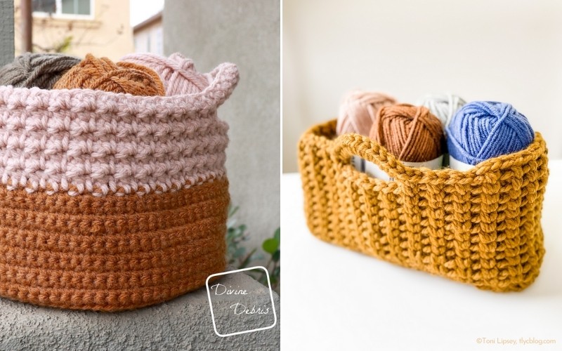 Two crochet baskets brim with vibrant yarn. The left one, a round, multicolored masterpiece, sits cheerfully beside its rectangular, mustard-yellow counterpart.