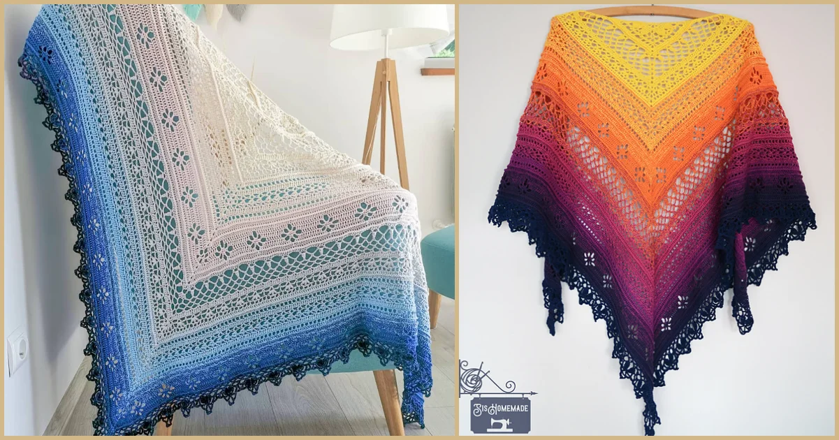 A chair with a blue and cream crocheted shawl; the flower valley shawl, featuring a gradient of colors from yellow to dark purple, hangs elegantly on a wall.