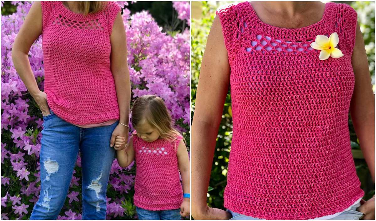 A woman and child wear matching pink crocheted tops in front of pink flowering bushes, showcasing floral details. The free crochet pattern captures a timeless elegance perfect for any occasion.