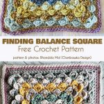 Crochet pattern featuring two multicolored square designs with textured floral motifs and intricate border details. Discover the 