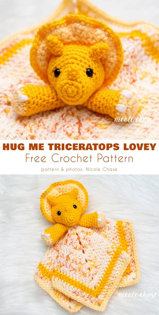 A crocheted yellow triceratops crochet lovey with a blanket body is displayed on a white surface. Text reads: "Hug Me Triceratops Lovey Free Crochet Lovey Pattern.