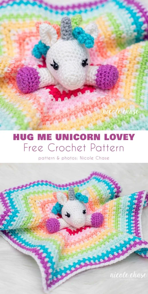 A crocheted unicorn crochet lovey with a colorful rainbow blanket and purple edging, displayed on a white surface with text promoting a free crochet lovey pattern by Nicole Chase.