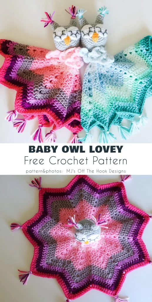 Two crochet baby owl loveys in pink-purple and green-blue tones, with a close-up of the pink-purple lovey below; labeled as a free crochet lovey pattern by MJ's Off The Hook Designs.
