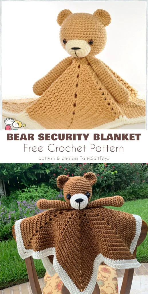 Two photos of a crocheted bear security blanket, featuring a brown bear head and arms attached to a textured, scalloped blanket. The bottom text reads, "Bear Security Blanket Free Crochet Lovey Pattern.