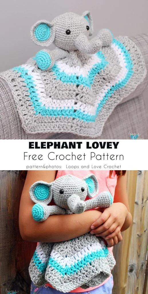 A crocheted elephant lovey, made from a crochet lovey pattern in gray, white, teal, and blue, is shown folded on a surface and being held by a child.