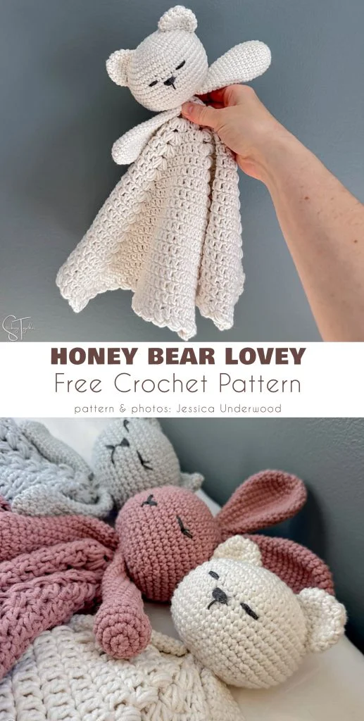 A hand holds a crocheted bear lovey with a cream-colored body. Additional crochet lovey designs in various colors are displayed on a flat surface, perfect inspiration if you're looking for a free crochet lovey pattern.