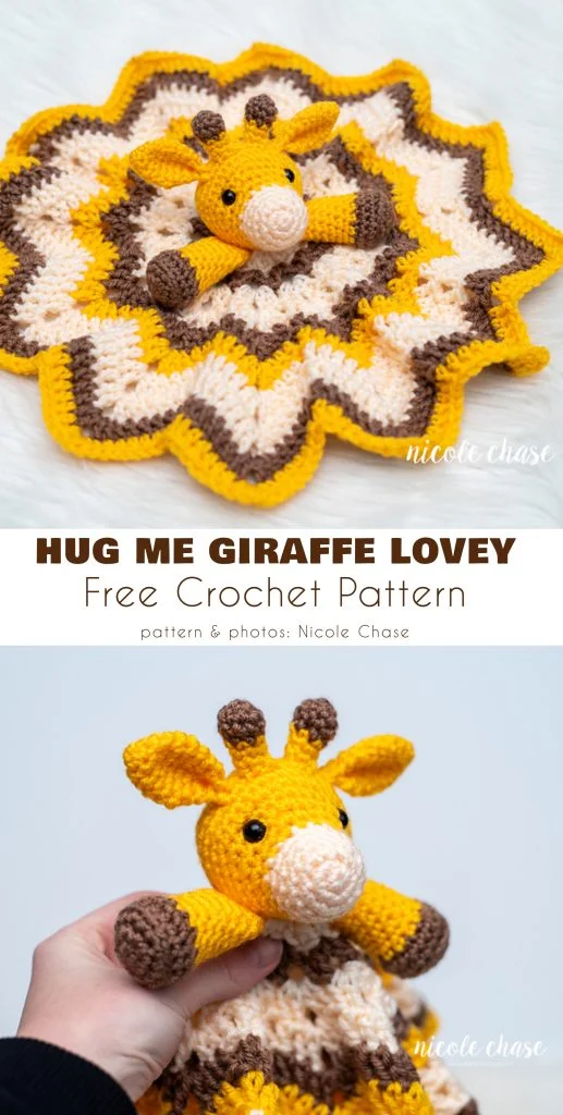 A crochet lovey giraffe blanket in yellow, brown, and cream, featuring a giraffe head with arms attached, displayed on a white background. Perfect for cuddles or as inspiration for your next crochet lovey pattern!.