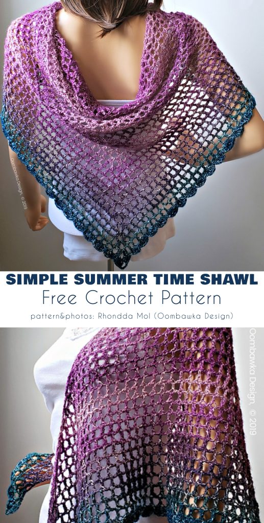 A person models a triangular, lacy crochet shawl in purple fading to teal tones. Text below reads "Simple Summer Time Shawl, Free Crochet Pattern." Featured in magazine@yourcrochet.com.