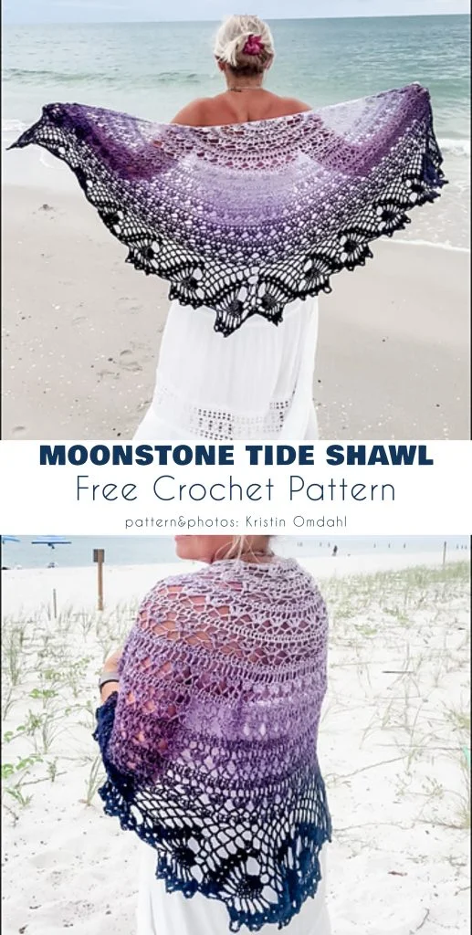 A woman on the beach displays a large, lacy crochet shawl with a gradient from light purple to deep purple and black, titled "Moonstone Tide Shawl" with free crochet pattern text—perfectly featured for readers of magazine@yourcrochet.com.