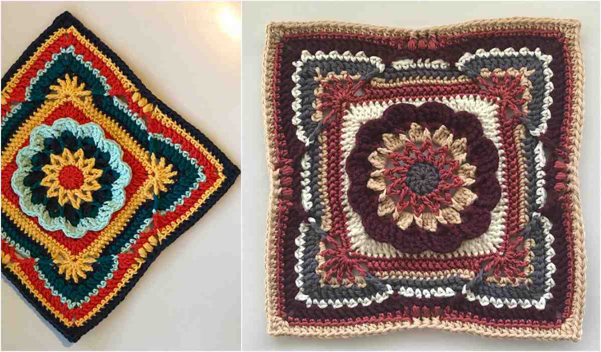 These vibrant crocheted squares, showcasing intricate patterns and floral motifs in shades of red, gold, and teal, are inspired by the Madux James Square. Discover the artistry within each Free Crochet Pattern included.