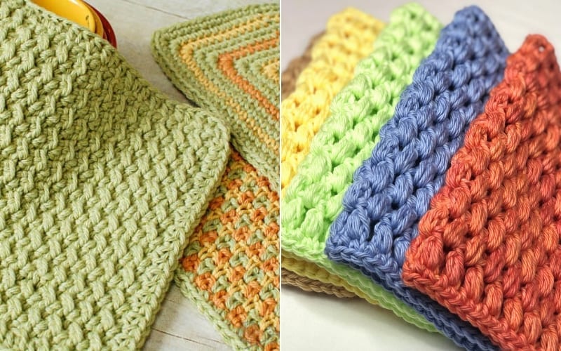 Close-up of colorful dishcloths showcasing diverse crochet patterns and textures, displayed side by side on a surface.