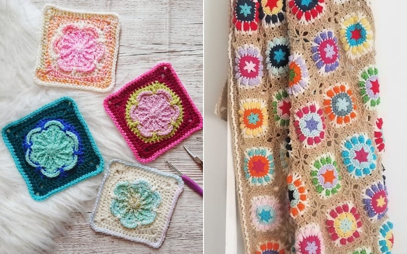 Several colorful floral granny squares are displayed on the left, while a crocheted blanket made from similar squares is draped on the right. Explore free crochet patterns to create your own vibrant masterpiece.