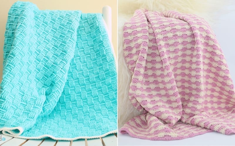 Two knitted blankets: one in solid light blue and the other featuring a pink and white checkered pattern, displayed on a light background. The cozy collection includes a charming basket weave crochet blanket for added texture.